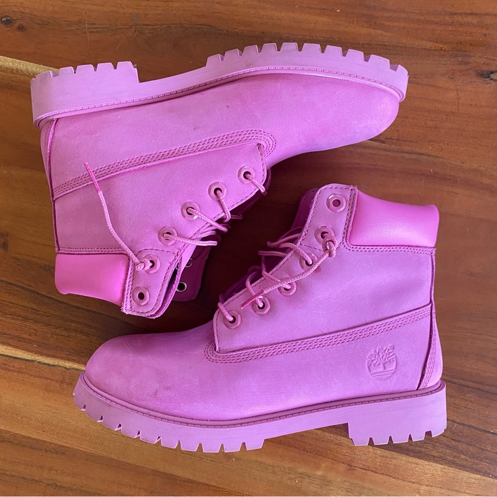 Pink Timberlands mid top boots